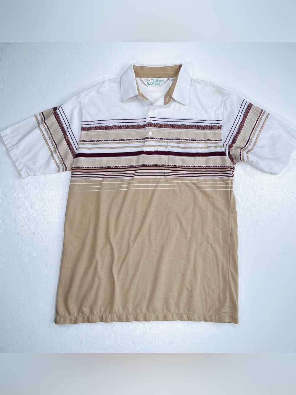 Vintage 70s Men's Striped Golf Polo White Brown & Tan Size Large Palmland Club